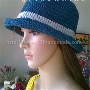 [hat055] หมวกไหมพรม ถักโครเชต์ สำหรับผู้ใหญ่ สีฟ้าเทาคาดเทาอ่อน แบบที่ 55 (สั่งทำ)